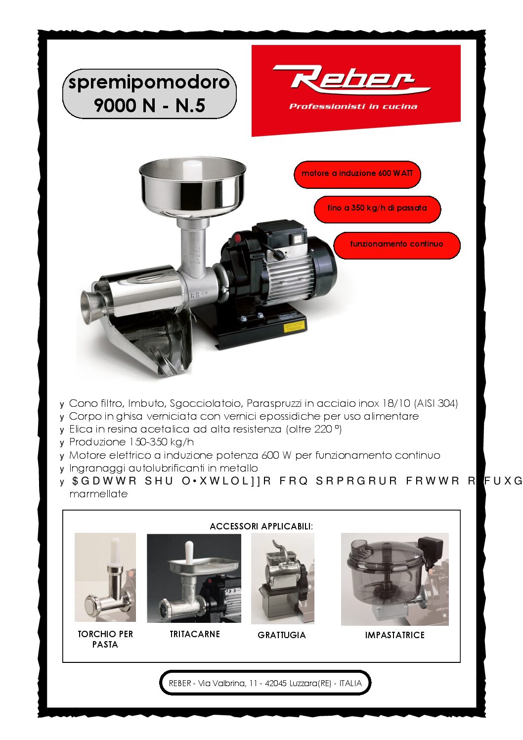 SPREMIPOMODORO ELETTRICO REBER N. 5 600W - immagine 2