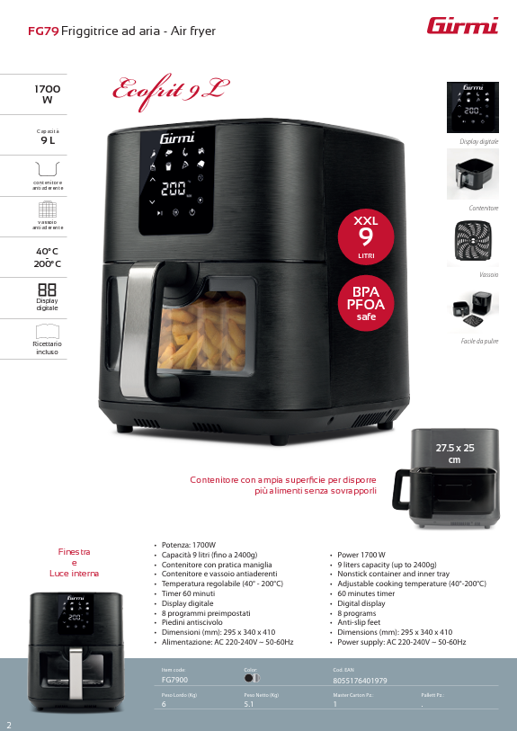 FRIGGITRICE AD ARIA GIRMI FG79 9 LT - immagine 8
